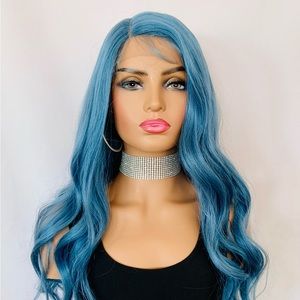Long Gorgeous 28” Ocean Blue Color Premium Fiber Glueless Lace Front Wig